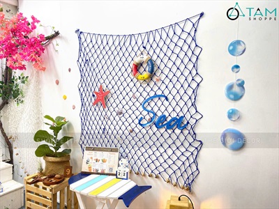 Tấm lưới đánh cá nút gỗ trang trí chủ đề biển [Kèm vỏ sò - Dây to] LUOICA-03