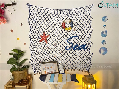 Tấm lưới đánh cá nút gỗ trang trí chủ đề biển [Kèm vỏ sò - Dây to] LUOICA-03