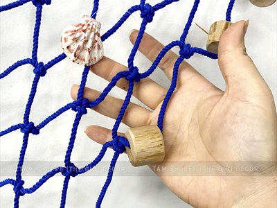 Tấm lưới đánh cá nút gỗ trang trí chủ đề biển [Kèm vỏ sò - Dây to] LUOICA-03