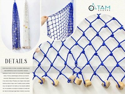 Tấm lưới đánh cá nút gỗ trang trí chủ đề biển [Kèm vỏ sò - Dây to] LUOICA-03