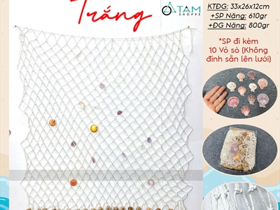 Tấm lưới đánh cá nút gỗ trang trí chủ đề biển [Kèm vỏ sò - Dây to] LUOICA-03