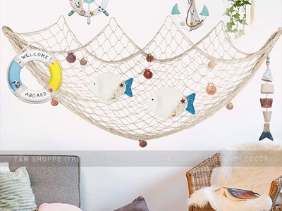 Tấm lưới đánh cá trang trí chủ đề biển [Đính vỏ sò - Nhiều cỡ] LUOICA-01