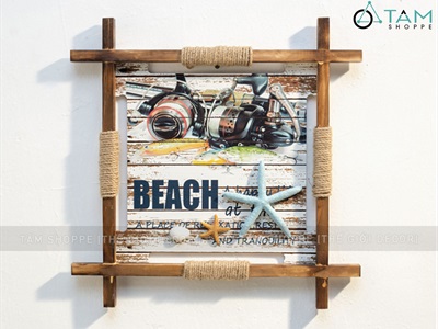 Tranh gỗ vuông X chủ để biển dây thừng retro [Tặng đinh - 45x45cm] TRANHGO-07
