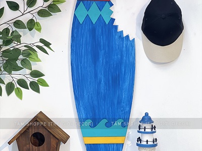 Ván lướt sóng decor cá mập cắn tông xanh dương cao 90cm [Gỗ dày - chuẩn đẹp] VLS-08
