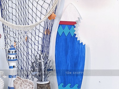 Ván lướt sóng decor cá mập cắn tông xanh dương cao 90cm [Gỗ dày - chuẩn đẹp] VLS-08