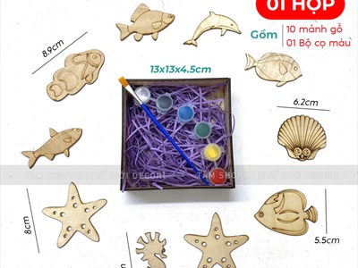 Hộp 10 phụ kiện gỗ tô màu chủ đề mùa hè DIY [Kèm màu + cọ vẽ] TOMAU-01