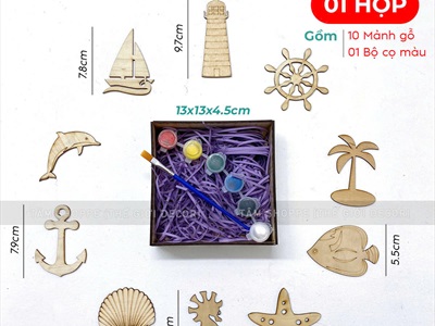 Hộp 10 phụ kiện gỗ tô màu chủ đề mùa hè DIY [Kèm màu + cọ vẽ] TOMAU-01
