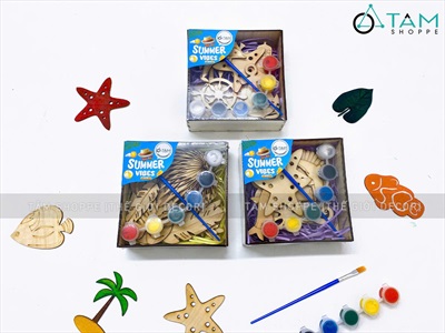 Hộp 10 phụ kiện gỗ tô màu chủ đề mùa hè DIY [Kèm màu + cọ vẽ] TOMAU-01