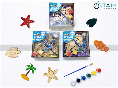 Hộp 10 phụ kiện gỗ tô màu chủ đề mùa hè DIY [Kèm màu + cọ vẽ] TOMAU-01