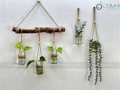 Lọ hoa thuỷ canh treo tường DIY từ cây củi, dây thừng và hủ yến [Có Set tự làm/ Làm sẵn] BINHLOHOA-08