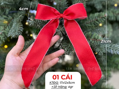 Nơ vải đỏ viền chỉ trắng 2 cánh đuôi dài [Vải đẹp - 14x21cm] PK-NO-04