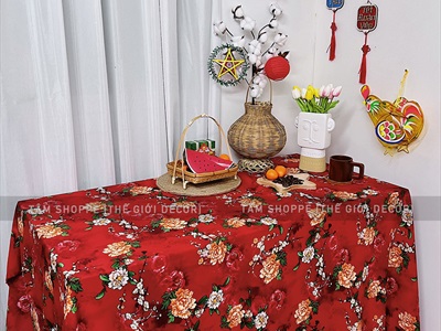 Vải đỏ hoa mẫu đơn to Vintage khổ 1m6 (bán theo 1 mét tới) PK-VAI-03