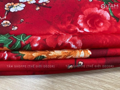 Vải đỏ hoa mẫu đơn to Vintage khổ 1m6 (bán theo 1 mét tới) PK-VAI-03