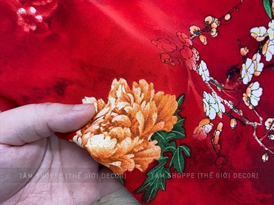 Vải đỏ hoa mẫu đơn to Vintage khổ 1m6 (bán theo 1 mét tới) PK-VAI-03
