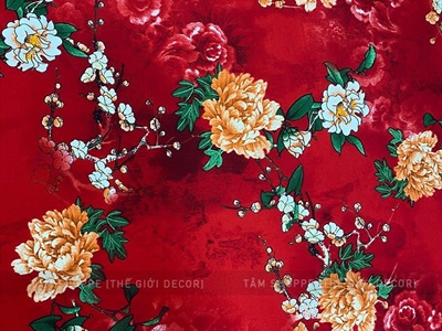 Vải đỏ hoa mẫu đơn to Vintage khổ 1m6 (bán theo 1 mét tới) PK-VAI-03