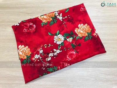 Vải đỏ hoa mẫu đơn to Vintage khổ 1m6 (bán theo 1 mét tới) PK-VAI-03