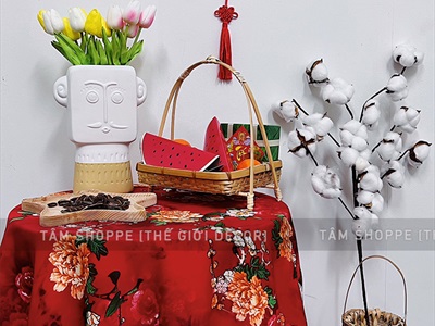 Vải đỏ hoa mẫu đơn to Vintage khổ 1m6 (bán theo 1 mét tới) PK-VAI-03