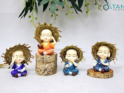 Bộ 04 tượng chú tiểu đội nón cói [2 kiểu/ Cao 7cm] CHUTIEU-05