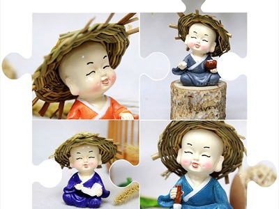 Bộ 04 tượng chú tiểu đội nón cói [2 kiểu/ Cao 7cm] CHUTIEU-05