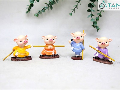 Bộ 4 tượng heo múa võ gậy mini [Dễ thương/ Cao ~7cm] CHUTIEU-08