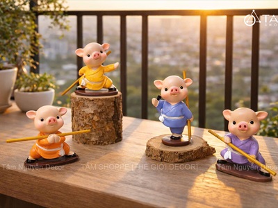 Bộ 4 tượng heo múa võ gậy mini [Dễ thương/ Cao ~7cm] CHUTIEU-08