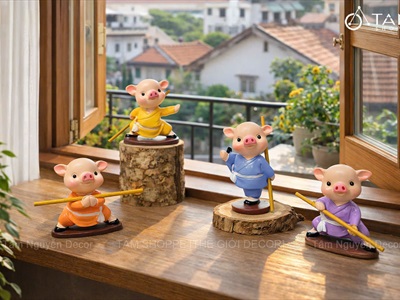 Bộ 4 tượng heo múa võ gậy mini [Dễ thương/ Cao ~7cm] CHUTIEU-08