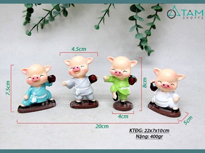 Bộ 4 tượng heo múa võ tuý quyền mini [Dễ thương/ Cao ~7cm] CHUTIEU-09