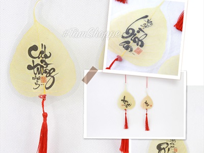 Dây treo lá bồ đề vàng chữ thư pháp PKT-TET-01