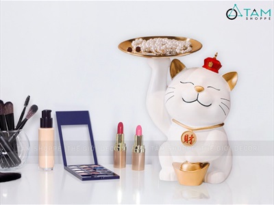 Tượng mèo thần tài nâng dĩa màu trắng [Sắc sảo - Dĩa kim loại] TCV-MEO-02