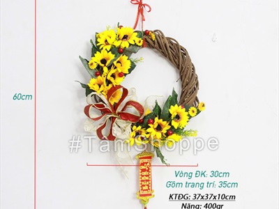 Vòng treo cửa Tết hoa huớng dương nơ ruy băng vải ĐK35cm T-VTC-22