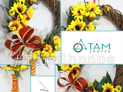 Vòng treo cửa Tết hoa huớng dương nơ ruy băng vải ĐK35cm T-VTC-22